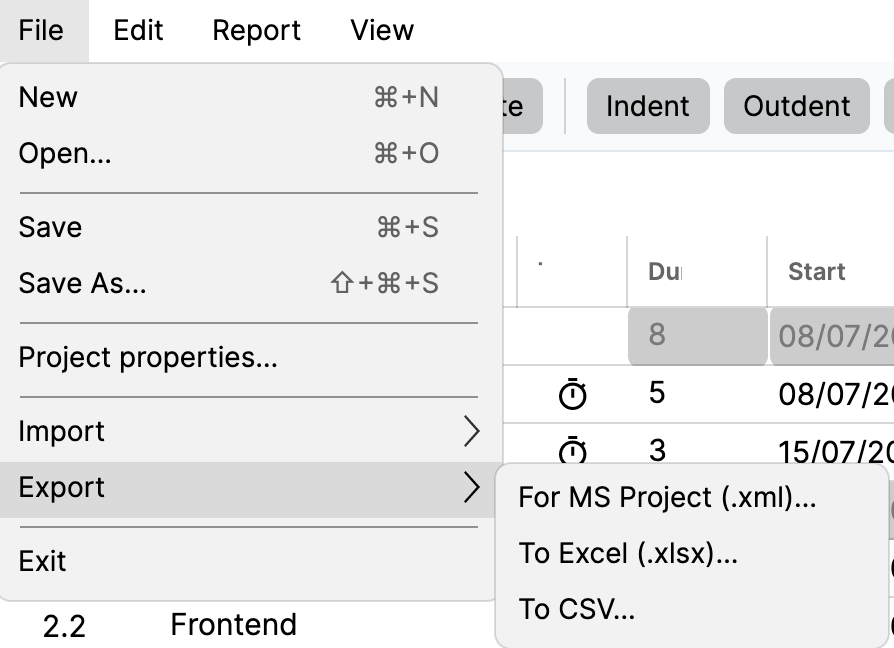 JeeGantt export options (PDF, Excel, image)