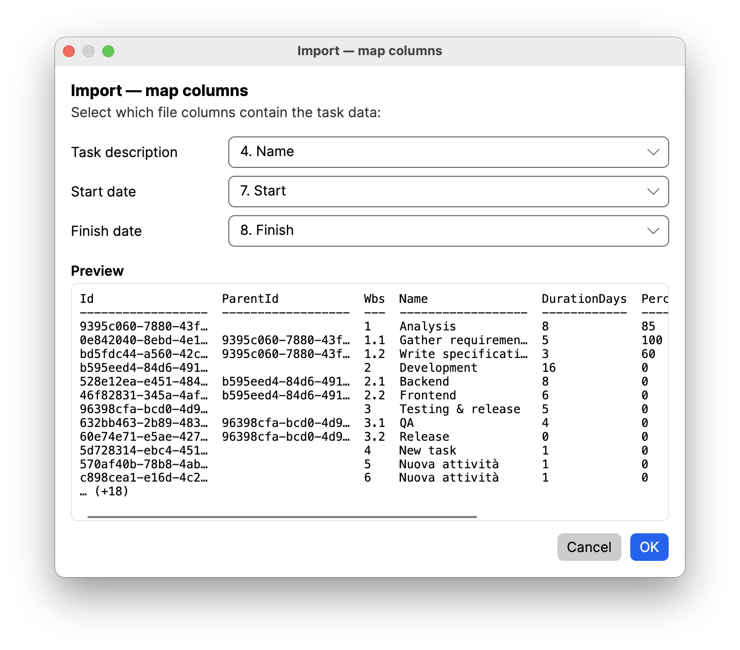 JeeGantt Excel import with column mapping