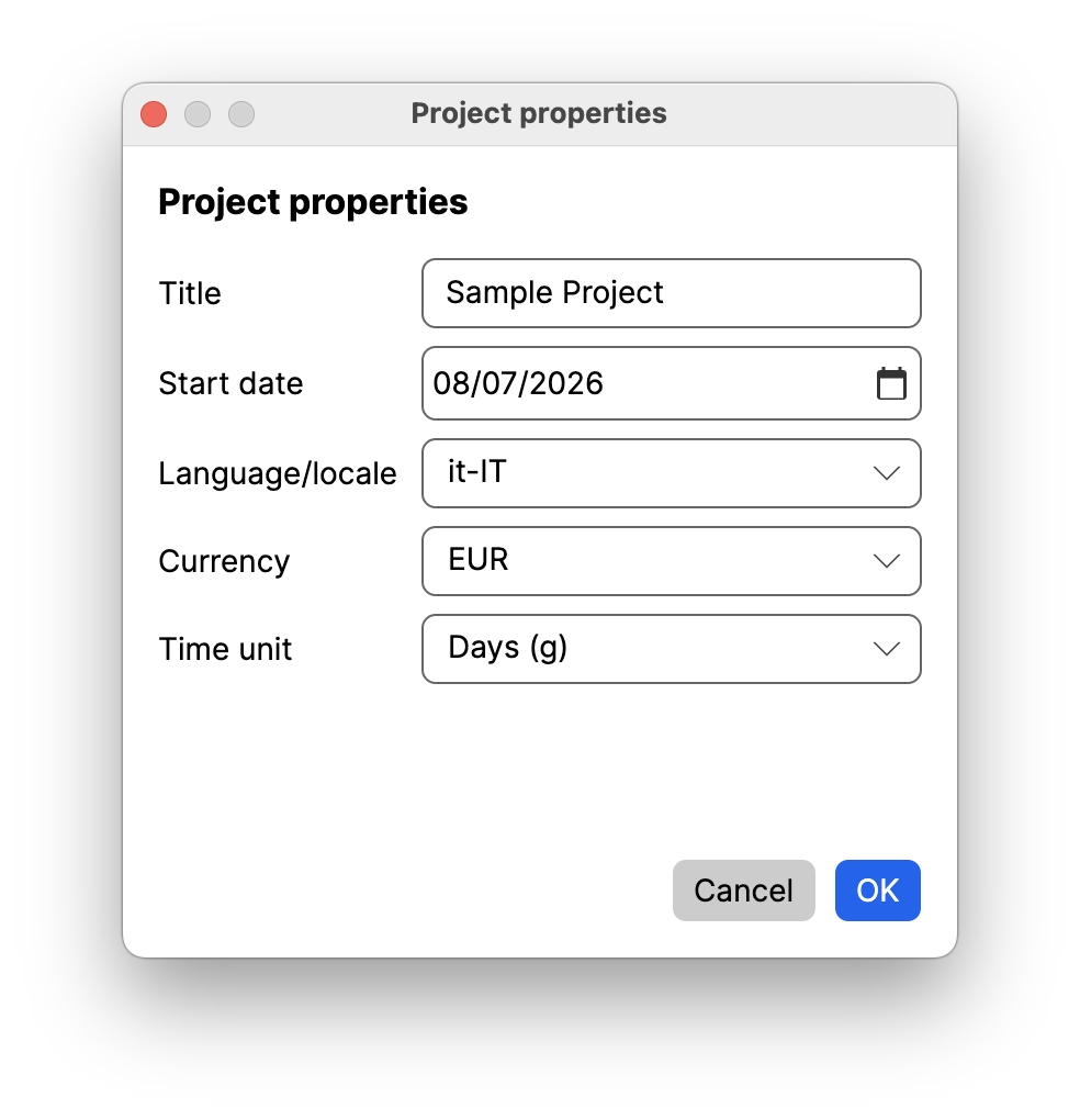 JeeGantt project setup with calendar, working time and defaults