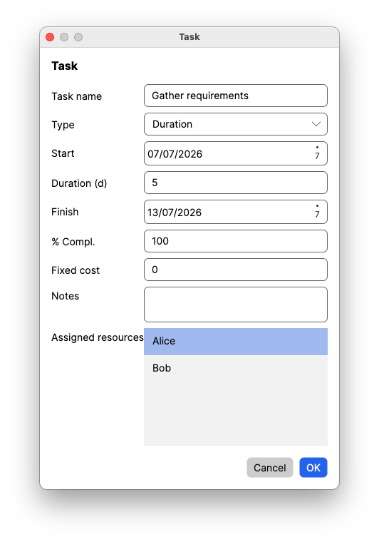 JeeGantt task detail with dependencies, resources and scheduling options